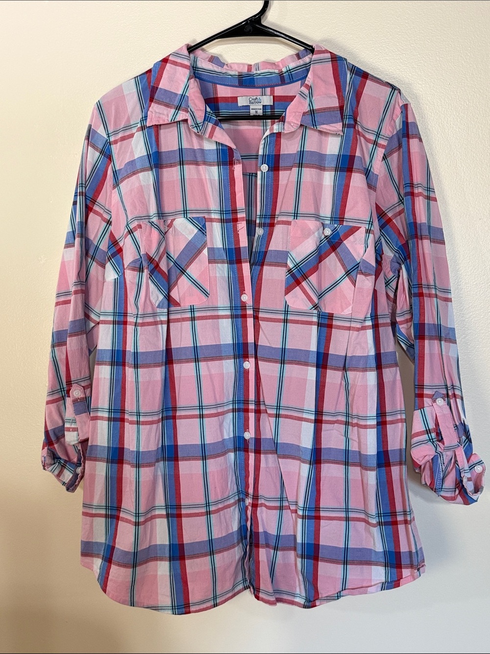 croft & barrow Pink Plaid Button-Down Shirt with Blue and Red Accents